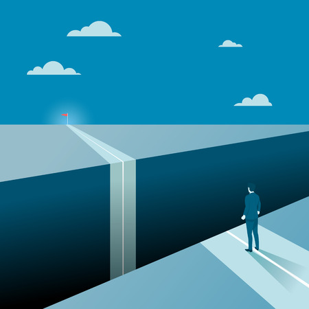 Businessman Facing a Big Gap of His Goal Target, Concept of Business Obstacles with a Big Abyss. Flat Vector.のイラスト素材