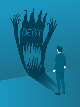Businessman Facing the Debt Evil, Concept of Brave to handling Debt Crisis. Flat Vector.のイラスト素材