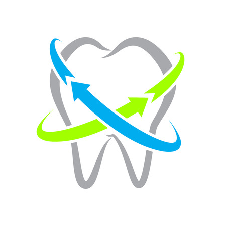 Simple vector tooth outline with blue and green arrows protection icon on isolated white background.のイラスト素材