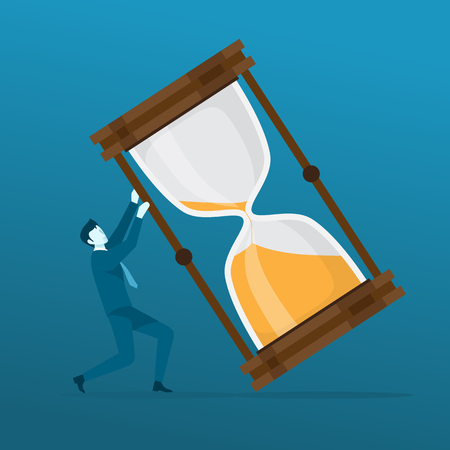 Businessman Pushing Big Hourglass From Falling Down. Deadline and Time Management Concept Vector illustration.のイラスト素材