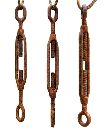 Rusty Turnbuckle, Fastening Steel Cable Stretching on isolated White Background.の写真素材