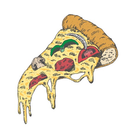 A Piece of Yummy Pizza, Vintage Look Hand Draw Style Pizza on iSolated White Background.のイラスト素材