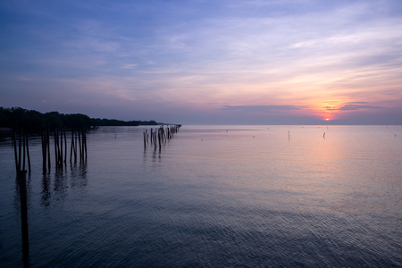 Old Antique Bamboo Wave Protection Wall in the Sunrise Sea in the Morning.の写真素材