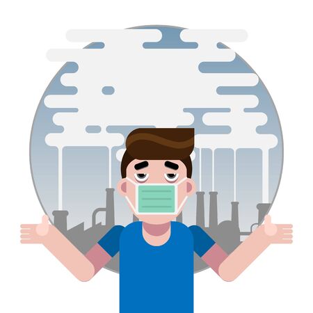 Sad Man in the Industrial Factory with Pollution, Concept of Protection from Pollution.のイラスト素材