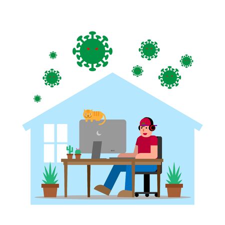 Relax Man Working at Home with His Cat Protected from COVID-19 virus. Quarantine and Protect Concept Flat Design.のイラスト素材