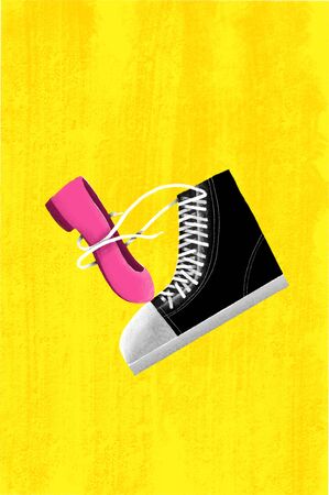 Male Sneaker Holding Female Shoe with Shoe lace. Concept iDea of Cute Lover Couple.の写真素材