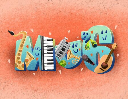 Various Music iNstruments in the Colored Pencils drawn cute Cartoon Style.の写真素材