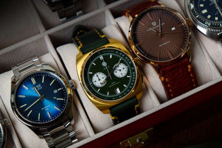 2021-06-01 Various Collection of Wrist Watches in the Watches Box on the Wood Table in Bangkok, Thailand.のeditorial素材