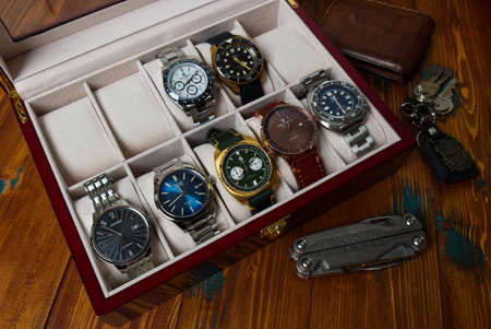 2021-06-01 Various Collection of Wrist Watches in the Watches Box on the Wood Table in Bangkok, Thailand.のeditorial素材