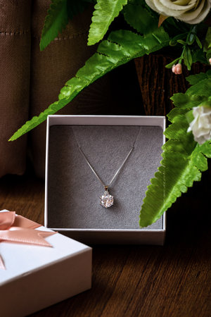 A Beautiful Diamond Pendant with a Simple Platinum Necklace in a Gift Box.の写真素材