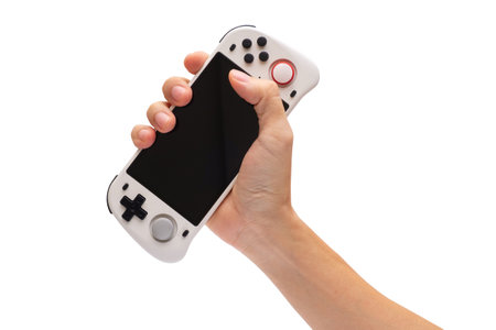 Adult Man Holding Handheld Game Console on iSolated White Background, Classic Retro Game Device for...