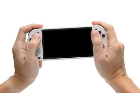 Adult Man Playing Handheld Game Console on iSolated White Background, Classic Retro Game Device for...