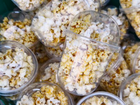 A large quantity of popcorn prepared for sale.の写真素材