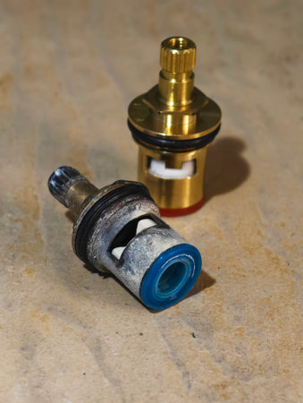 Close-up macro shot of two ceramic faucet valve cartridges placed side by side on a wooden surface. One cartridge appears old, corroded, and rusted, while the other is brand new with polished brass and intact rubber seals. This photo highlights plumbing maintenance, wear and tear, and the importance of replacing deteriorated components.の写真素材