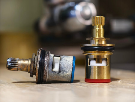 Close-up macro shot of two ceramic faucet valve cartridges placed side by side on a wooden surface. One cartridge appears old, corroded, and rusted, while the other is brand new with polished brass and intact rubber seals. This photo highlights plumbing maintenance, wear and tear, and the importance of replacing deteriorated components.の写真素材