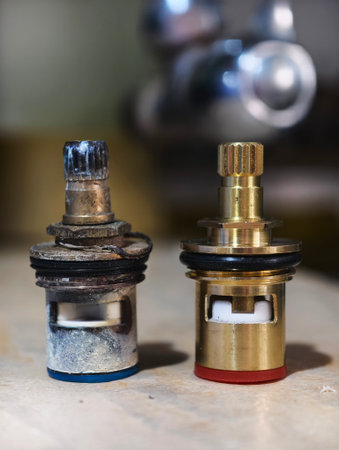 Close-up macro shot of two ceramic faucet valve cartridges placed side by side on a wooden surface....