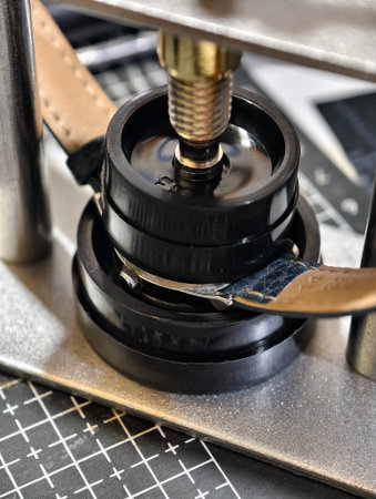 Close up of watch repair tools and wristwatch on black grid background. Professional horology equipment, precision instruments, craftsmanship, maintenance and timepiece service concept for repair workshop and DIY hobbyの写真素材
