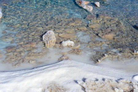 Dead Sea coastline with white salt beach in Ein Bokek, Israel. Famous Middle East health landmark....