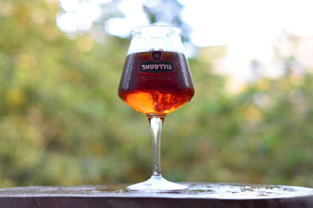 PETAH TIKVA, ISRAEL - MARCH 04, 2017: Goldstar Slowbrew, brewed by Tempo Beer Industries LTD, Israel, dark lager beer 10% alcohol. Composition of beer glass on nature backgroundのeditorial素材