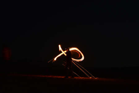 Iron wool circle drawing light fireworks. Burning Steel Wool spinning, Trajectories of burning...