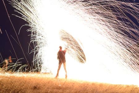 Iron wool circle drawing light fireworks. Burning Steel Wool spinning, Trajectories of burning...