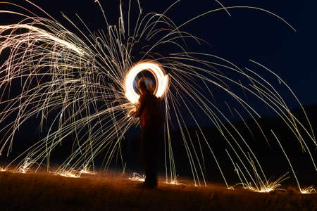 Iron wool circle drawing light fireworks. Burning Steel Wool spinning, Trajectories of burning...