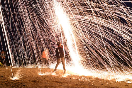 Iron wool circle drawing light fireworks. Burning Steel Wool spinning, Trajectories of burning...