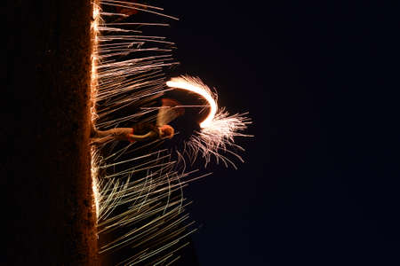 Iron wool circle drawing light fireworks. Burning Steel Wool spinning, Trajectories of burning...