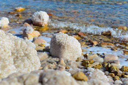 Close up of salt background. Natural salt. Dead Sea salt mineral natural formations. Salt crystals...