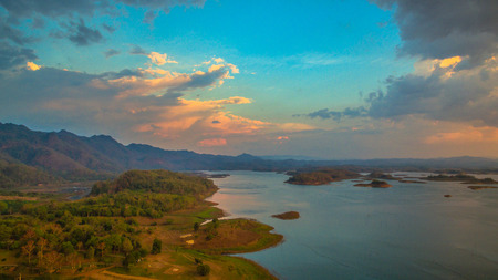aerial photography at Pompee viewpoint.mountains around the Vajiralongkorn dam. Pompee is a part of Vajiralongkorn dam.when the sun go down to the lake it very beautiful.の写真素材