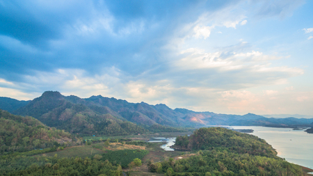 aerial photography at Pompee viewpoint.mountains around the Vajiralongkorn dam. Pompee is a part of Vajiralongkorn dam.when the sun go down to the lake it very beautiful.の写真素材