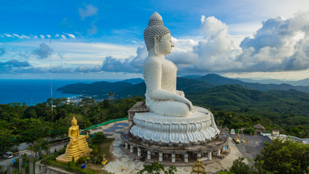 blue sky and blue ocean are on the back of Phuket Big Buddha statue.white Phuket big Buddha is the one of landmarks on Phuket island.のeditorial素材