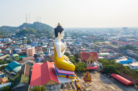 aerial view the beautiful big Buddha on the high mountain of what LoungPu Tow in Pak Nam Pho Nakornsawan city. on temple can see around Nakornsawan cityのeditorial素材