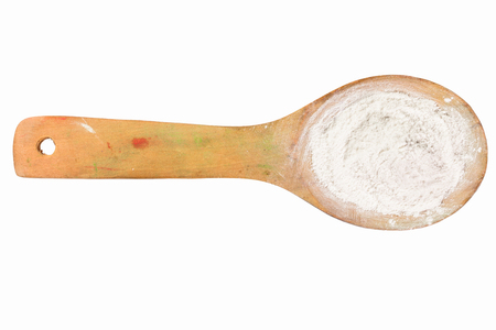 white powder on wooden spoon with clipping path in isolated on white backgroundの写真素材