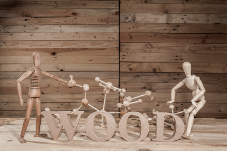 wooden dolls with wood text on wood table in wood sceneの写真素材