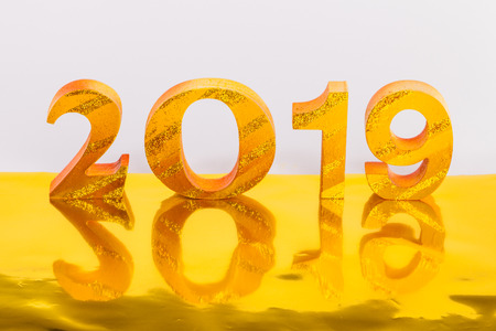 2019 is made in gold color place in white background is mean the golden year for lucky all yearの写真素材