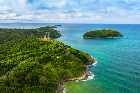 aerial view panorama Phromthep cape and wind tubine viewpoint. Phromthep cape is a famouse landmark and popular sunset viewpoint of Phuket Thailand.の写真素材
