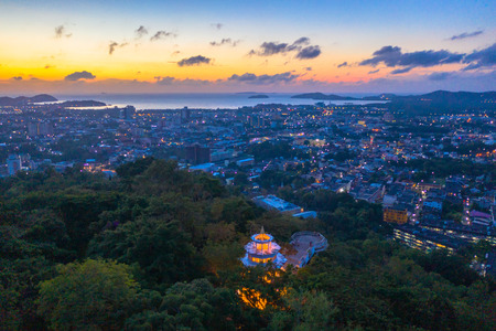 aerial view Khao Rang viewpoint landmark of Phuket city locate on the top of Khao Rang mountain in the middle of Phuket city.on Khao Rang viewpoint can see around Phuket cityの写真素材
