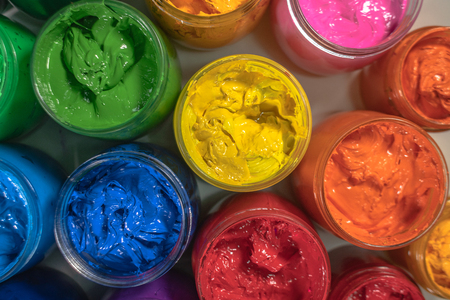photography top view of colorful ink for print tee shirt.factory. Plastisol ink useful in tee shirt factory and in industryの写真素材
