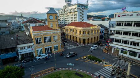 Phuket, Thailand - January, 01, 2017 : aerial photography above Charter intersection there have the antique architect in the middle of Phuket city.のeditorial素材