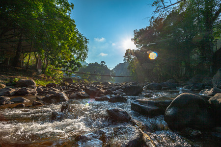 sunrise above waterfall beside Ranong hot spring Ranong hot spring landmark of Ranong province...
