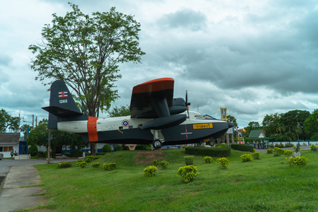 Rayong, Thailand - June 18, 2019:The old fighters were displayed at the entrance of the Naval...