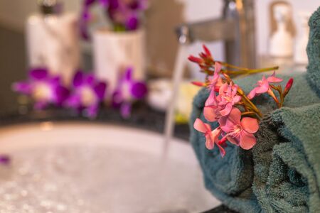 pink flower on green towel in bathroomの写真素材