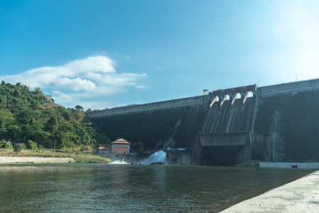 The water released from the dam is trapped in a large pool. And slowly descended to the next floor So that tourists 
can swim Khun Dan Prakan Chon Dam is an important landmark of Nakhon Nayok Province.の写真素材