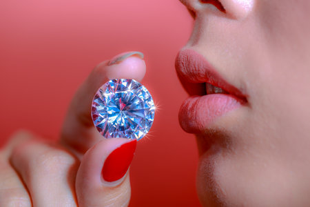A lady Use your fingers to hold the Amethyst Purple diamond close to her lipの写真素材