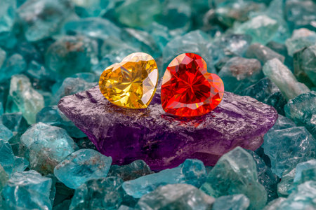 Red and yellow heart shaped gems are placed together on raw purple amethyst stone in the midst of raw sky blue gemstonesの写真素材