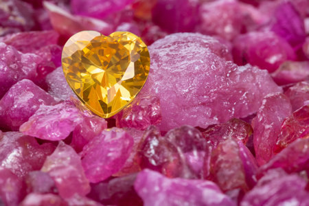 yellow sapphire diamond heart shaped on raw Ruby Rough Gemstoneの写真素材