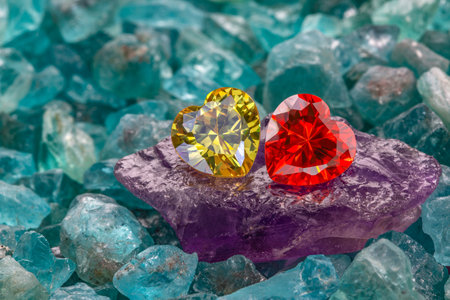 Red and yellow heart shaped gems are placed together on raw purple amethyst stone in the midst of raw sky blue gemstonesの写真素材