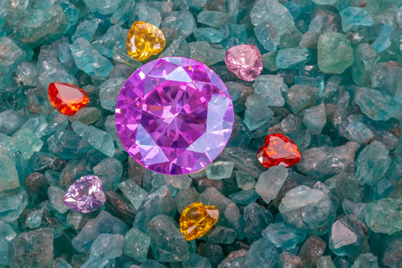purple amethyst diamonds are placed in an enclave of heart shaped diamonds on raw sky blue gemstones.
jewelry in heart shape are lovely present for valentine dayの写真素材