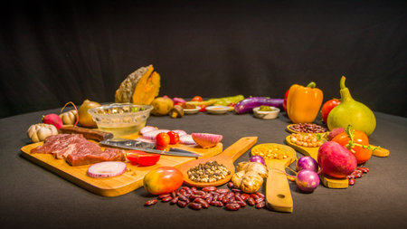 Preparing cooking materials. Fresh vegetables,Fresh fish fillets and spices are placed on a dark table.の写真素材